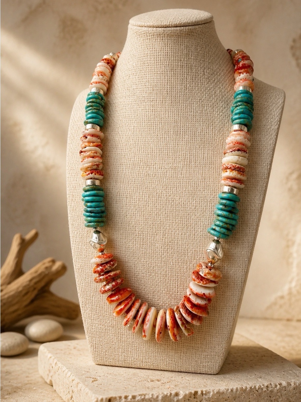 Southwest Artisan Graduated Spiny Oyster Turquoise Rondel Necklace Sterling 20”